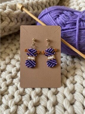 Handmade Beaded Yarn Ball & Knitting Needle Earrings
